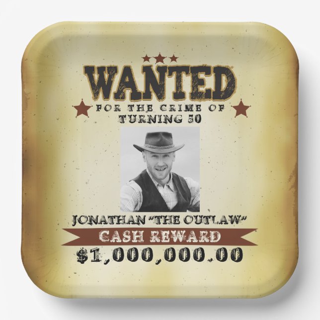  Men 50th Birthday Cowboy Wanted Poster Paper Plate (Front)