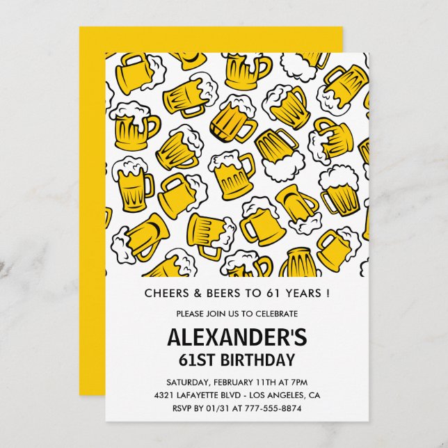 Men 61st birthday invitations Cheers and Beers  (Front/Back)