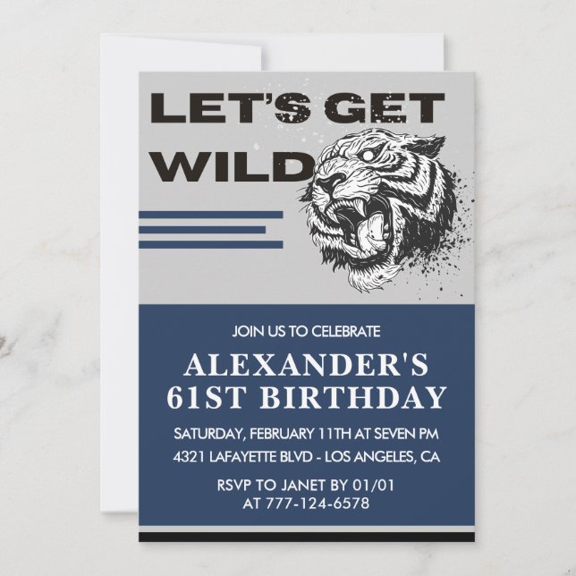 Men 61st birthday invitations Tiger Let's Get Wild (Front)