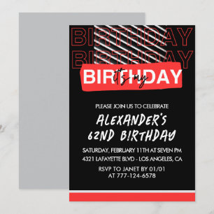 Men 62nd birthday Party invitations Black Red