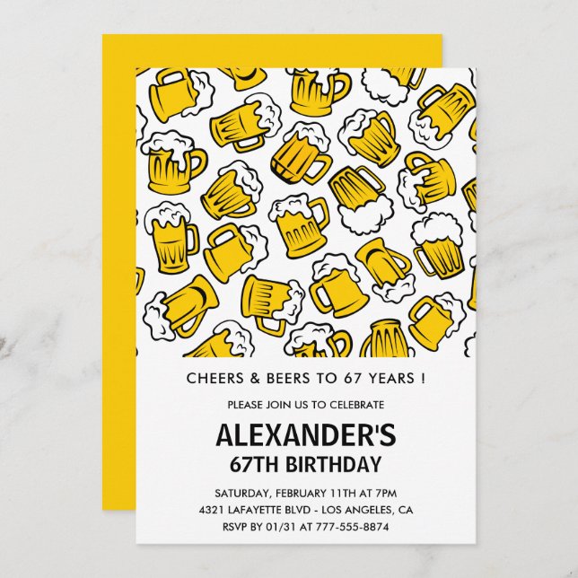 Men 67th birthday invitations Cheers and Beers  (Front/Back)