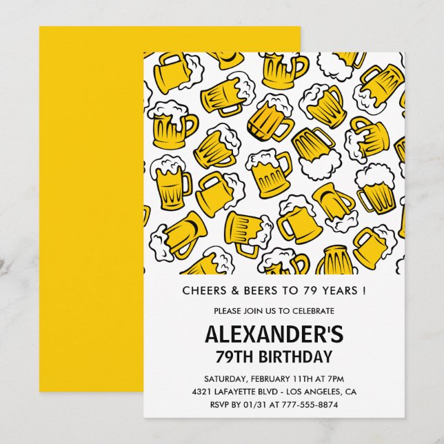 Men 79th birthday invitations Cheers and Beers  (Front/Back)