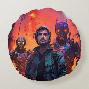Men and robots together for the same cause round cushion