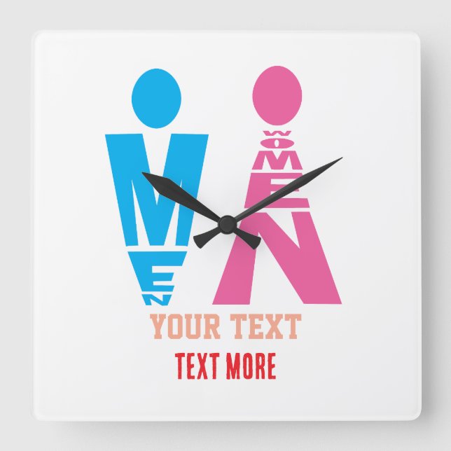 Men and Women Typography Icon Design – Bold Pink & Square Wall Clock (Front)