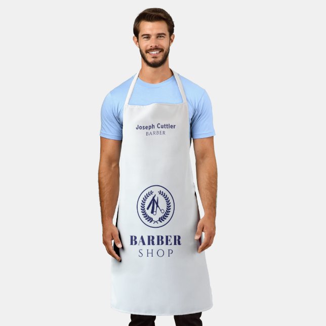 Men barber salon employee simple modern navy white apron (Worn)