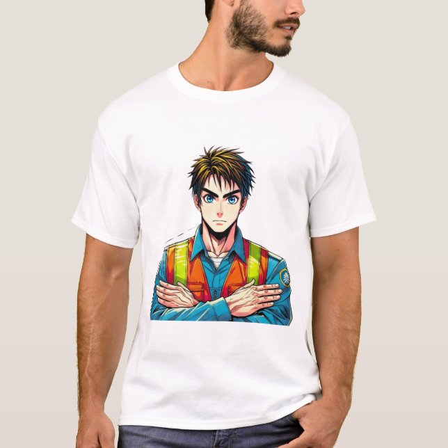 men Basic T-shirt with manga security expert (Front)
