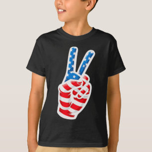 Men Boys American Flag Peace Sign Hand 4th Of July T-Shirt