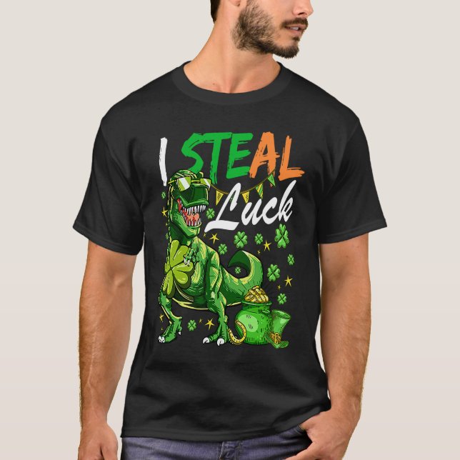 Men Boys I Steal Luck Shamrock Trex Dinosaur Patri T-Shirt (Front)