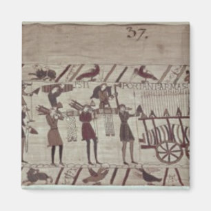 Men carrying arms to the ships and pulling a magnet