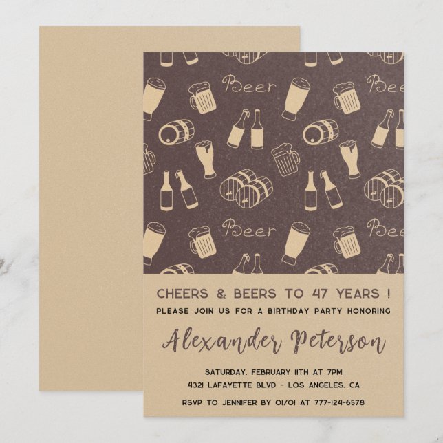 Men Cheers & Beer Rustic 47th birthday Invitation (Front/Back)