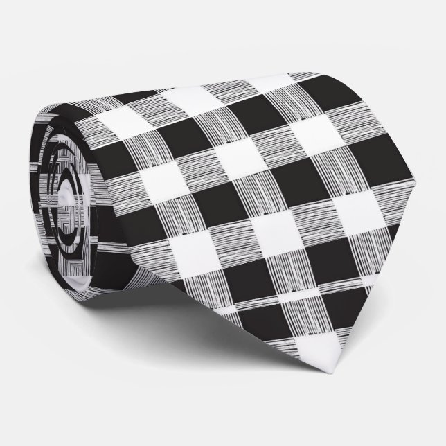 Men Designer Black and White Plaid Tie (Rolled)