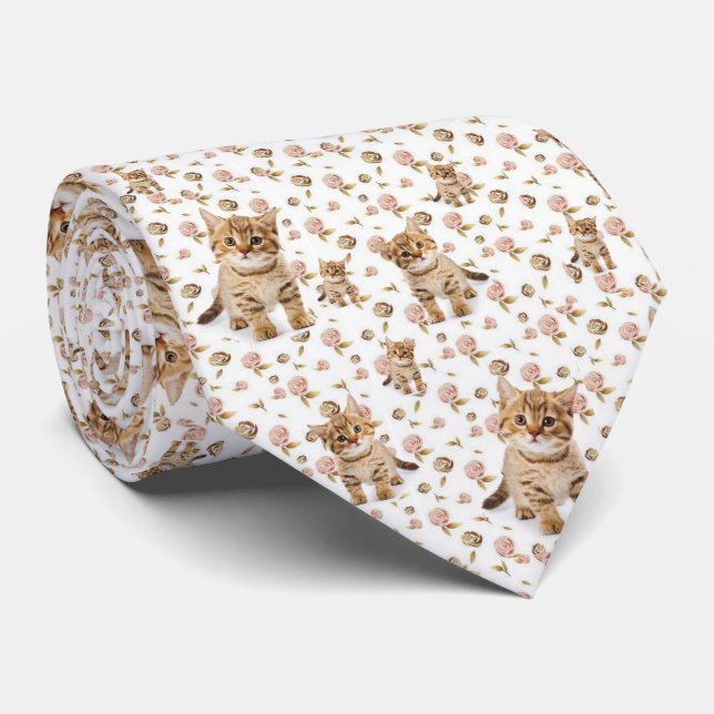 Men Designer Floral Kitten Cats Tie (Rolled)