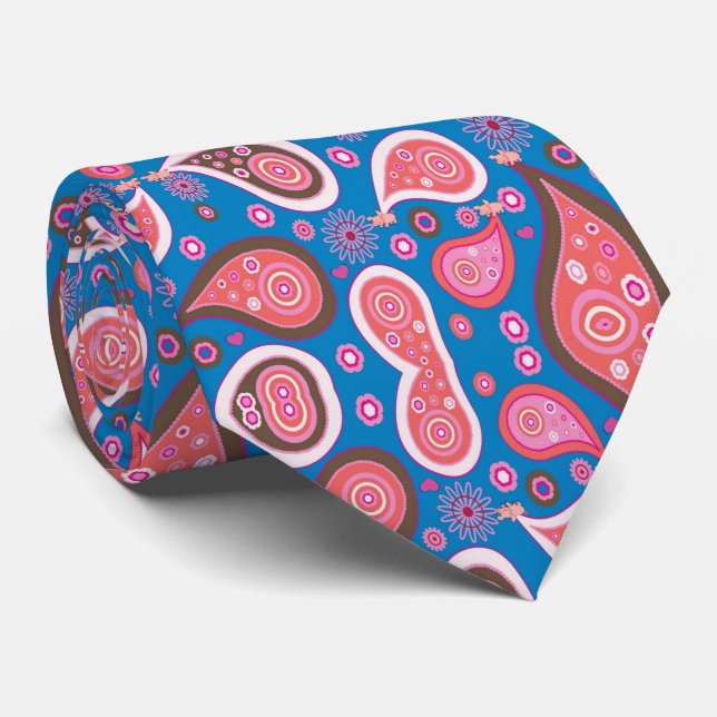Men Designer Ties Blue Pink Paisley (Rolled)