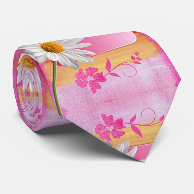 Men Designer Ties Pink White Daisy (Rolled)