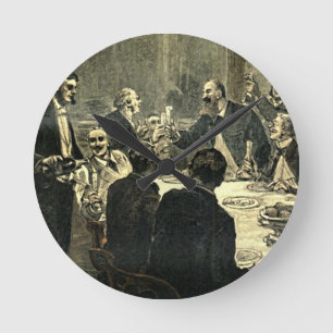 Men Drinking at the Club Vintage Illustration Round Clock
