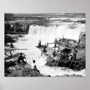 Men fishing at Celilo Falls Photograph Poster