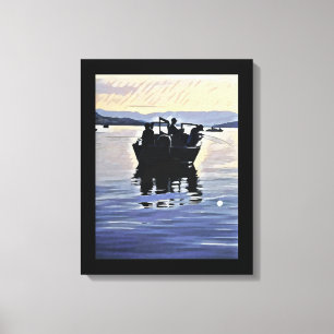 men fishing in lake abstract silhouette art canvas print