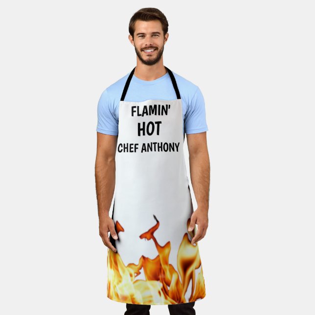 Men Flamin Hot White Modern Dad Chef BBQ Apron (Worn)