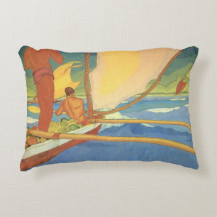 MEN IN AN OUTRIGGER CANOE HEADED FOR SHORE DECORATIVE CUSHION
