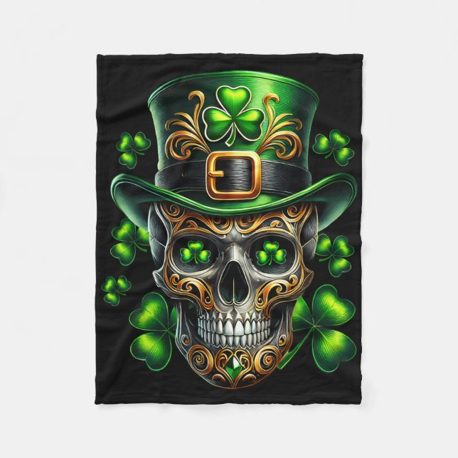 Men Irish Skull Shamrock Leprechaun Ireland St Pat Fleece Blanket (Front)