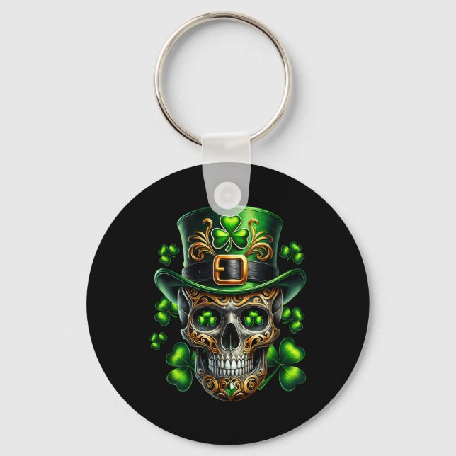 Men Irish Skull Shamrock Leprechaun Ireland St Pat Key Ring (Front)