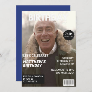 Men Magazine Navy blue Photo 74th birthday  Invitation