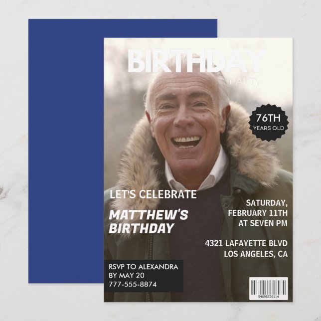 Men Magazine Navy blue Photo 76th birthday  Invitation (Front/Back)