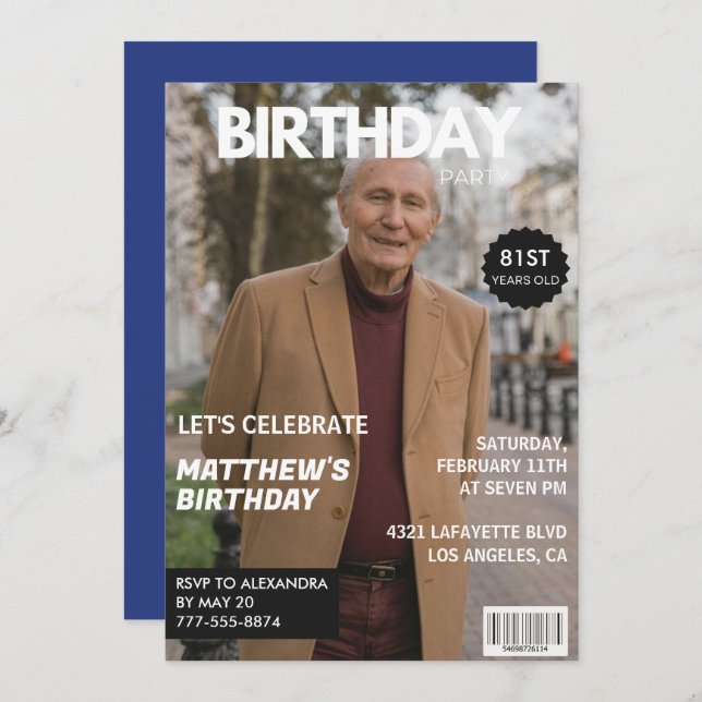 Men Magazine Navy blue Photo 81st birthday  Invitation (Front/Back)