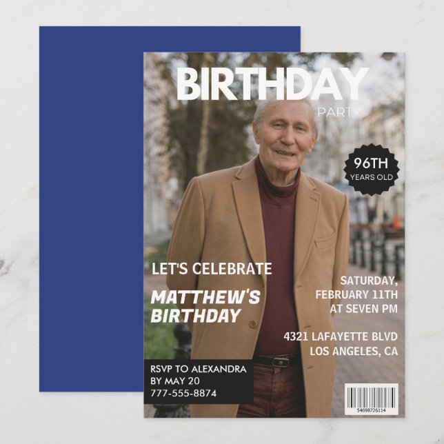 Men Magazine Navy blue Photo 96th birthday  Invitation (Front/Back)