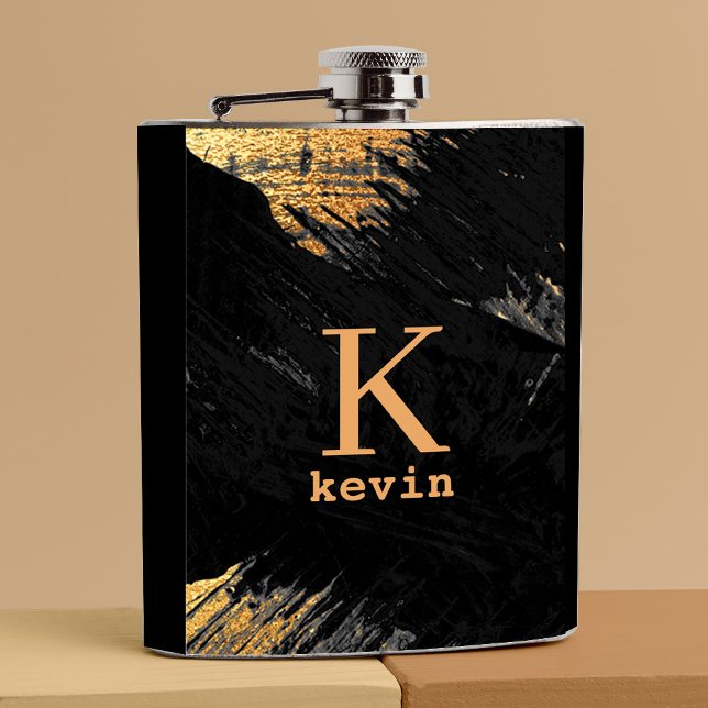 Men monogram modern black gold personalised hip flask (Creator Uploaded)