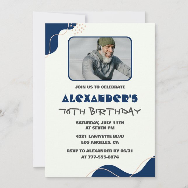 Men Navy White 76th birthday invitations  (Front)