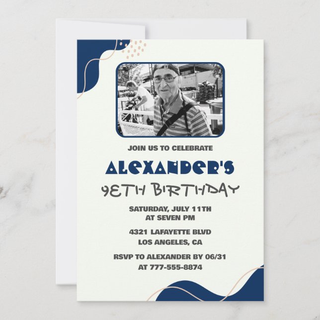 Men Navy White Picture 98th birthday invitations  (Front)