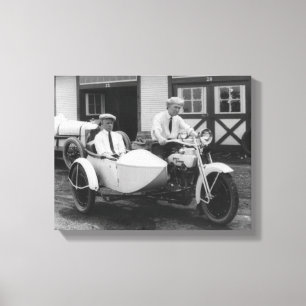 Men on Harley Davidson Motorcycle with Sidecar Canvas Print