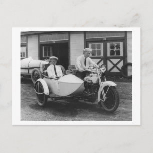 Men on Harley Davidson Motorcycle with Sidecar Postcard
