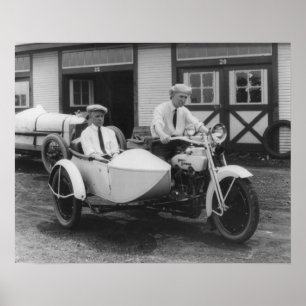 Men on Harley Davidson Motorcycle with Sidecar Poster