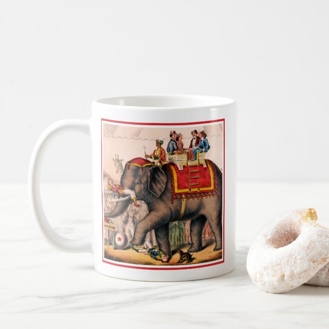 Men Performing A Circus Act With An Elephant. Coffee Mug (With Donut)