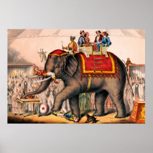 Men Performing A Circus Act With An Elephant. Poster