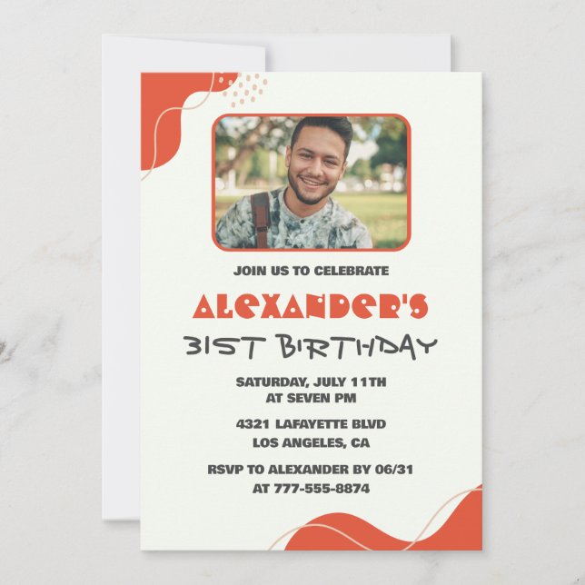 Men Photo 31st birthday invitations Modern Red (Front)