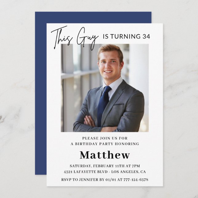 Men Photo 34th birthday invitations Navy blue (Front/Back)