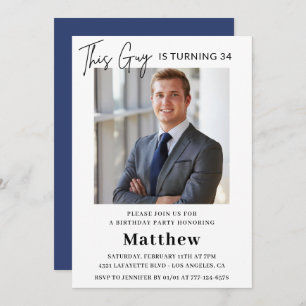 Men Photo 34th birthday invitations Navy blue