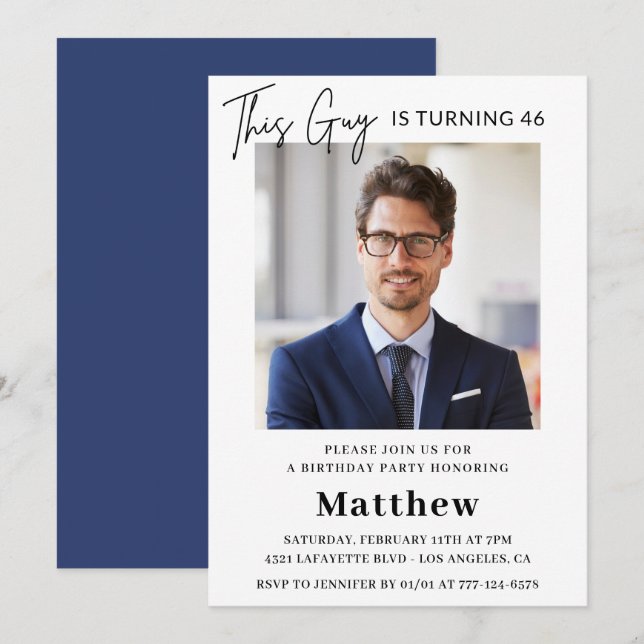 Men Photo 46th birthday invitations Navy blue (Front/Back)