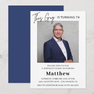 Men Photo 74th birthday invitations Navy blue