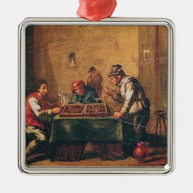Men Playing Backgammon in a Tavern Metal Tree Decoration (Front)