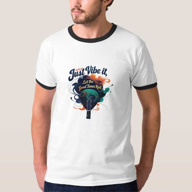 Men’s Basic Ringer T-Shirt with Guitar Art (Front)
