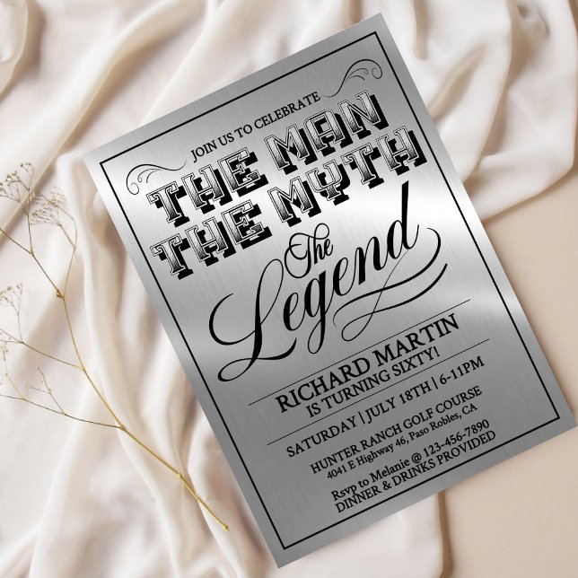 Men’s Milestone Birthday Party, Silver Metal Look, Invitation (Creator Uploaded)