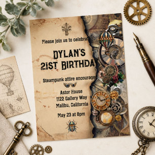 Men’s Vintage Steampunk 21st Birthday Steampunk Invitation