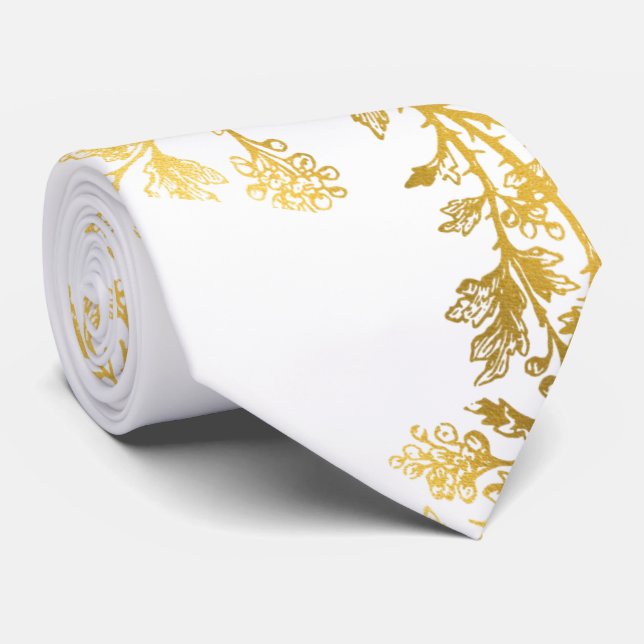 Men’s White Gold Leaf Stems Suit Necktie (Rolled)