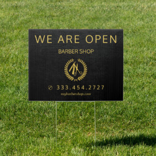 Men salon barber shop elegant black leather look garden sign