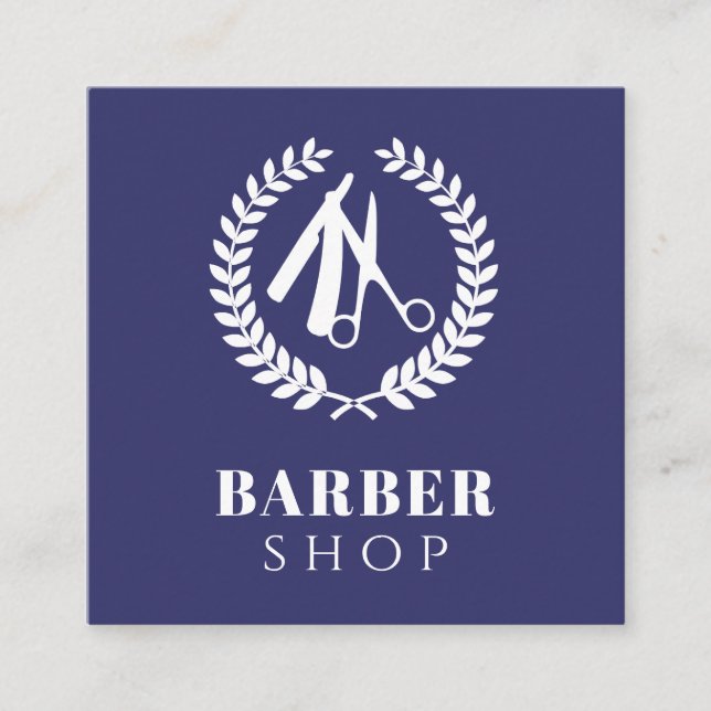 Men salon custom logo simple modern navy square business card (Front)