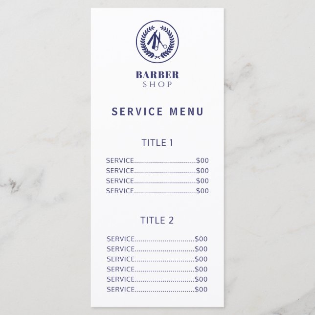 Men salon simple navy and white price service menu (Front)